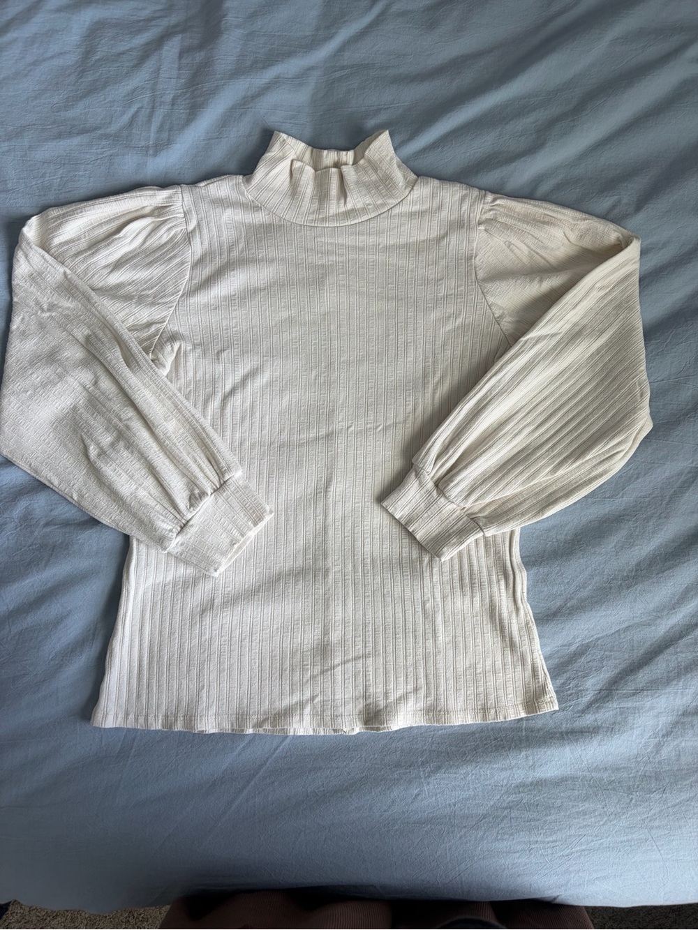 bohme Cream Ribbed Mock Neck Long Sleeve Top with Balloon Sleeves
